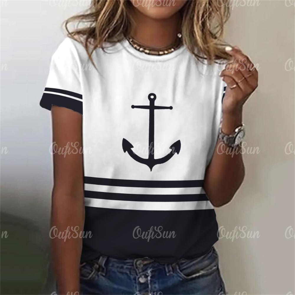 Новый стиль, футболка для женщин, топ с 3D принтом «Якорь», летние футболки большого размера для женской одежды, женская мода с круглым вырезом, большие размеры