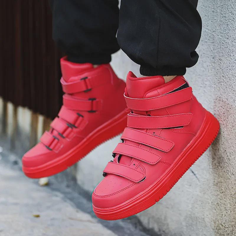 Men's European Red & White High-Top Sneakers with Velcro Straps