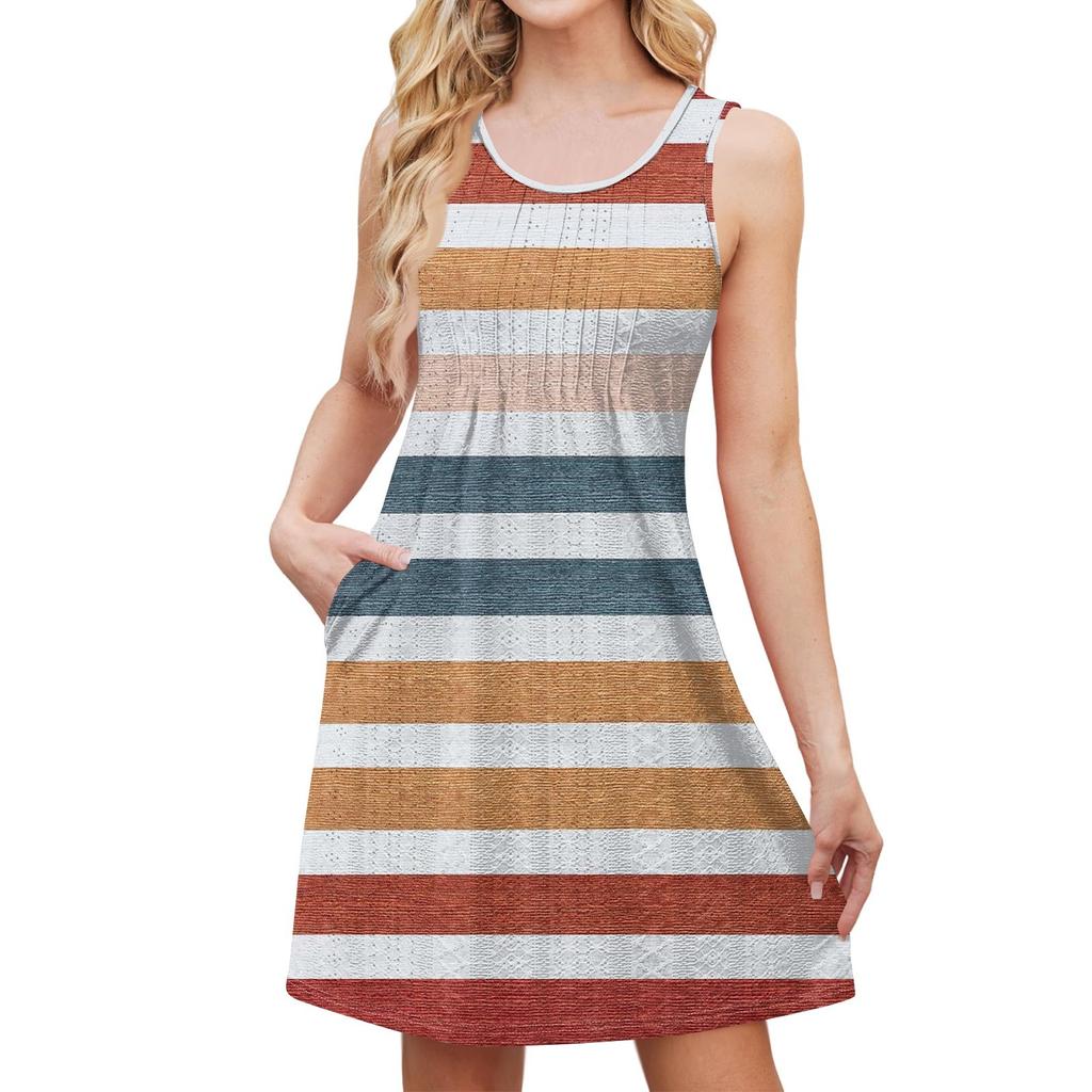 Женский стильный повседневный свободный сарафан с полосатым принтом без рукавов летний пляжный сарафан