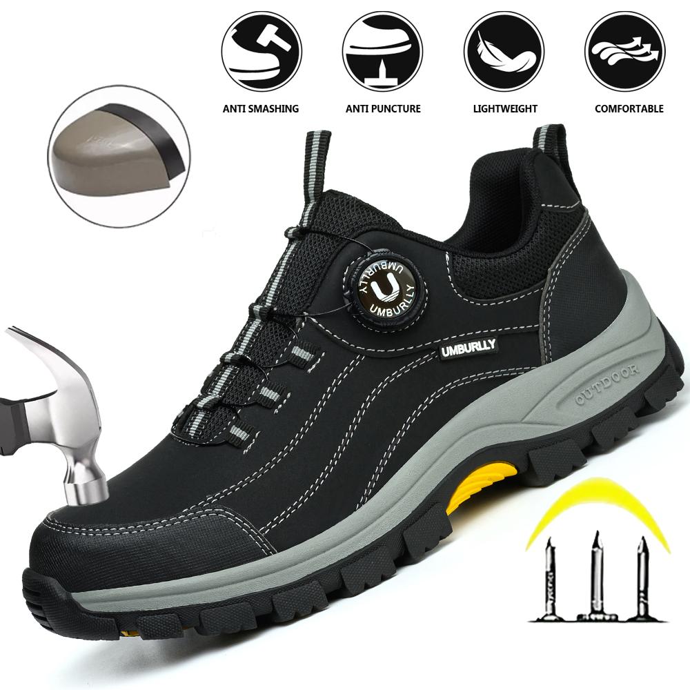 Men's Steel-Toed Safety Shoes With Anti-Crush, Anti-Puncture And Anti-Slip Soles, Fashionable Button Industrial Work Shoes