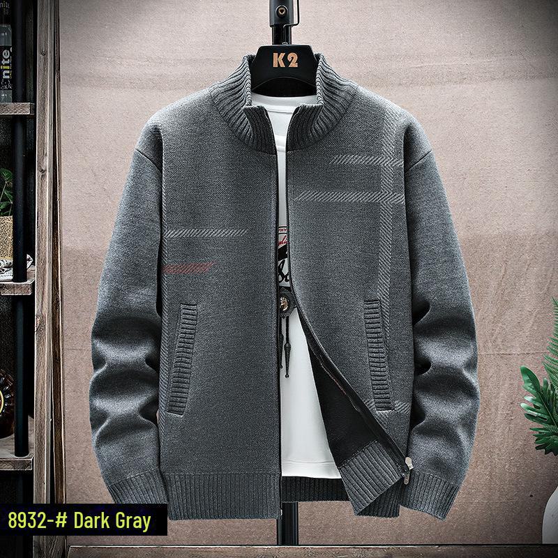 Мужской вязаный кардиган 2023 года на бархатной подкладке: Теплая куртка с принтом, длинными рукавами и воротником-стойкой для осени/зимы.
