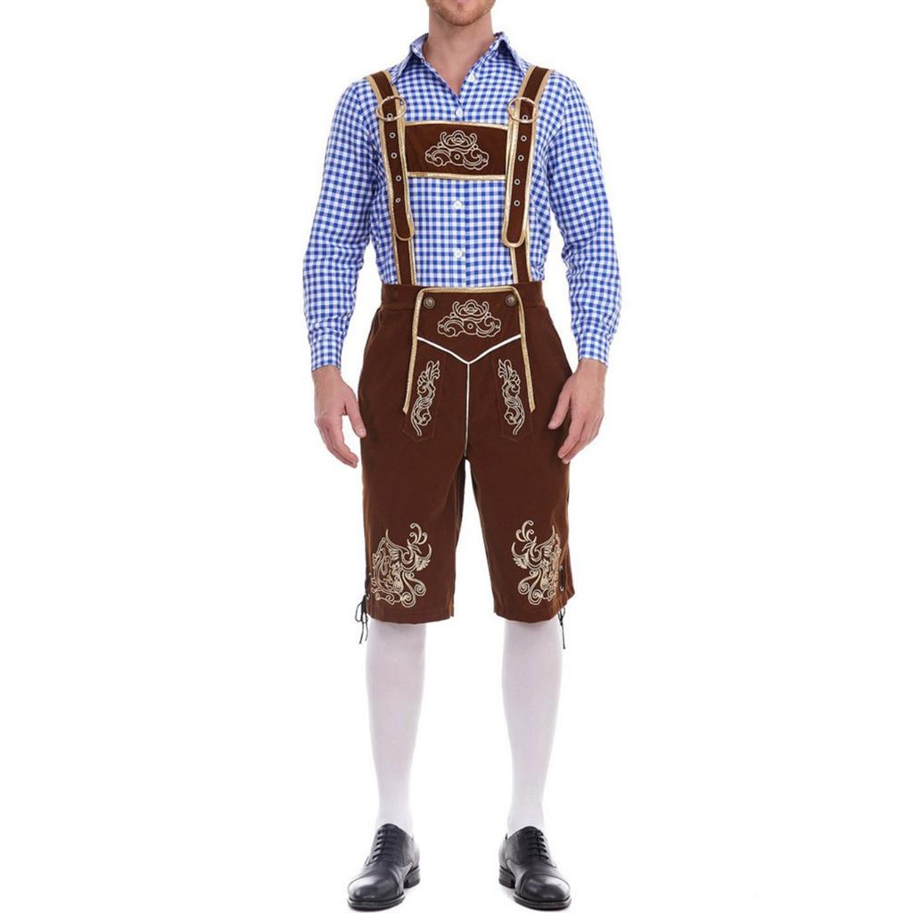 Men's Traditional Bavarian Outfit Lederhosen Set with Embroidered Suspenders and Checkered Shirt Suitable for Oktoberfest Costume Party