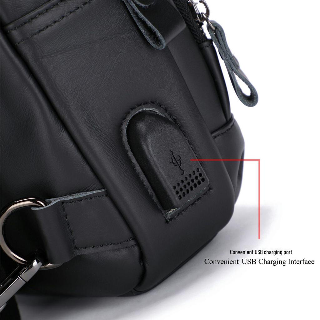 Genuine Leather Men's USB Charging Chest Bag - Business Casual Single Shoulder Messenger Bag