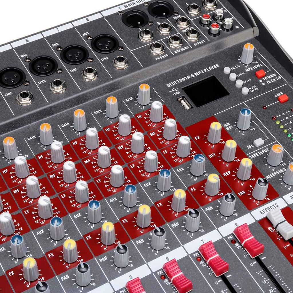8-канальный аудиомикшер DJ-консоль для микширования звука с USB MP3 разъемом, Bluetooth, профессиональный караоке-усилитель, фантомное питание 48 В