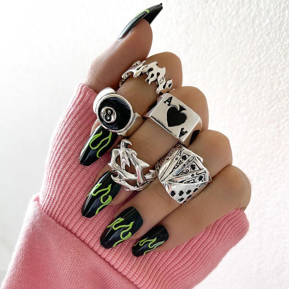 Панк Винтаж Серебряный Цвет Покер Бильярд Кольцо Набор для Женщин Готическое Сердце Хип-Хоп Y2k Корейская Мода Мужской Подарочные Ювелирные Изделия