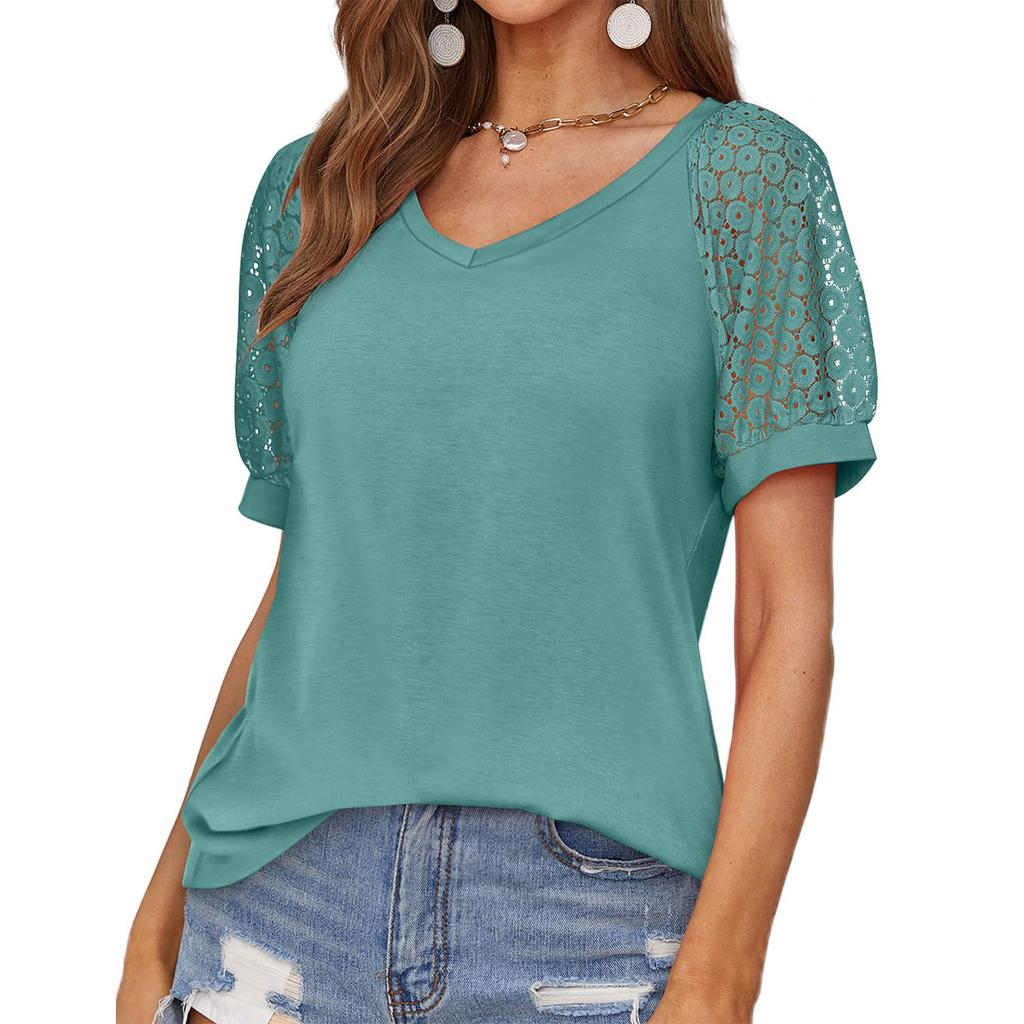 Женская кружевная рубашка с коротким рукавом Футболка с V-образным вырезом Нарядные повседневные топы Реглан с коротким рукавом Кружевная вставка с короткими рукавами Удобный хлопковый топ