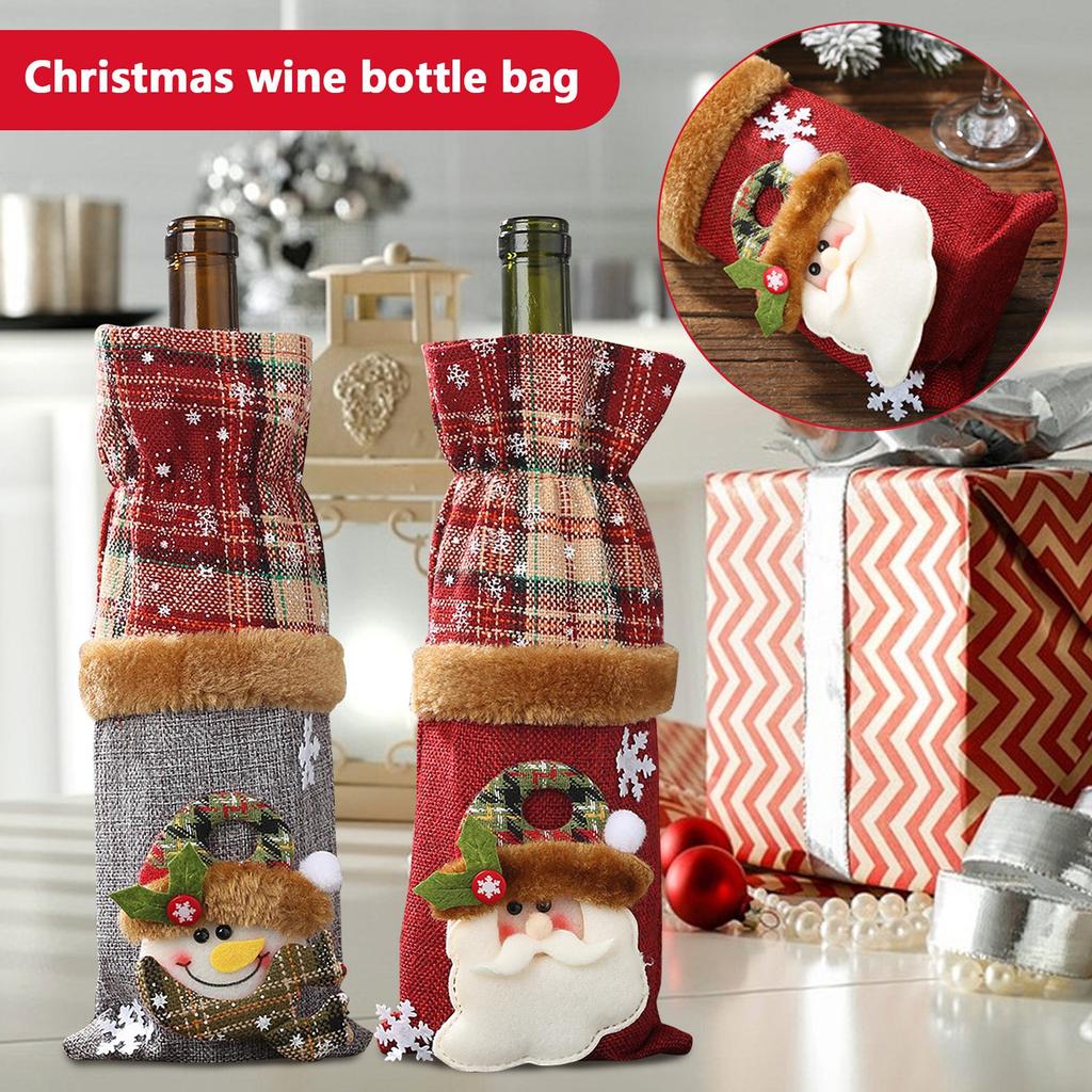 Рождественские украшения Набор для винных бутылок Украшение для винных бутылок из льна в клетку Красное вино Шампанское Креативная сумка для винных бутылок