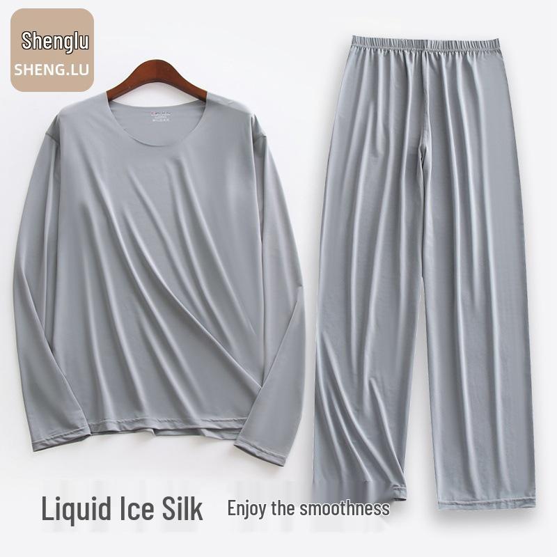 Liquid Ice Silk Ultra-Thin Men's Pajama Set - Spring/Summer Long Sleeve Top & 9/9 Length Pants, High Elastic Home Wear