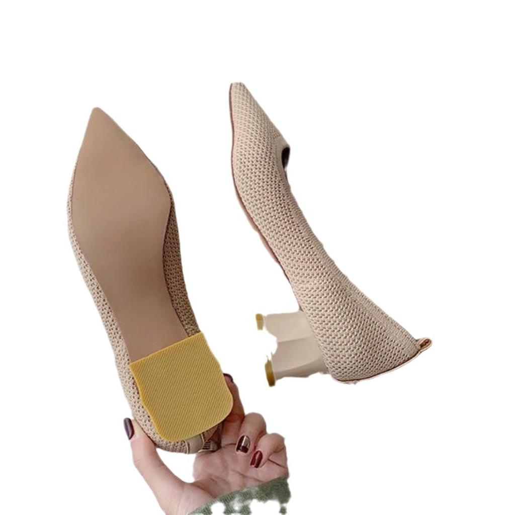 Pointed Grandma Shoes French Knitted Mesh Flying Knit Thick Heel High Heel Single Shoes Versatile Women's Shoes