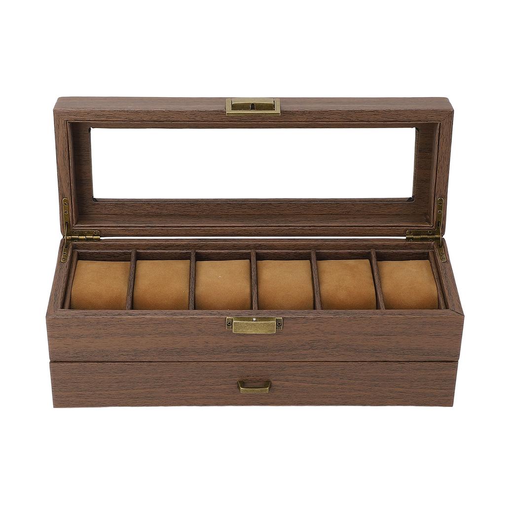 Watch Holder Vintage Grain PU Leather Double Layers 6 Slot Watch Holder Organizer