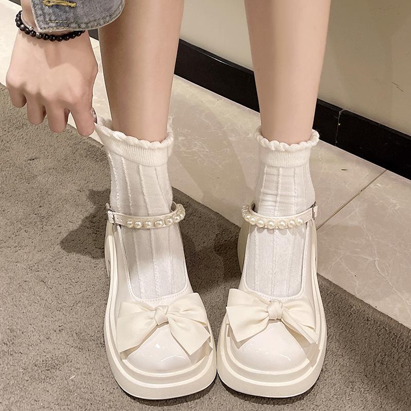 Французская мода Мэри Джейн маленькие кожаные туфли женские весна новые на толстой подошве увеличивающий бант с юбкой толстый каблук одинарные туфли на высоком каблуке