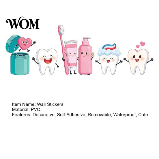 Tooth Wall Stickers Cartoon Teeth Stickers, Waterproof PVC Decals, Self Adhesive Art Kids Brushing Guide Decor Cute Art, Removable Decals for Bathroom