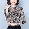 Long-sleeved T-shirt Women's New Autumn and Winter Tight Printed Half-high Neck Mesh Base Shirt for Women