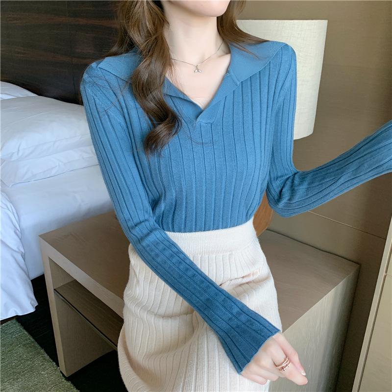 Autumn/winter Knitted T-shirt Women's Pullover Knit Sweater V-neck Polo Shirt Top Knitted Undershirt Women's Stretch Skinny Sweater Undershirt