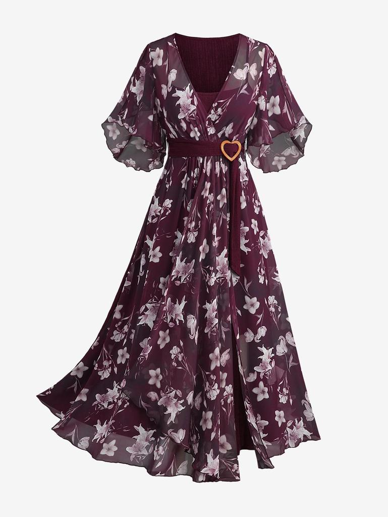 Rosegal Plus Size Flowers Print Heart Buckle Surplice Butterfly Sleeves Ribbed Textured Dress