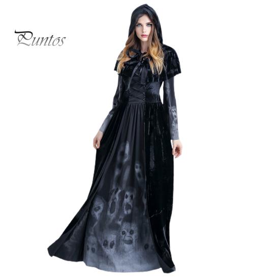 Halloween Costume Suit Witch Queen Dress Shawl Set Scary Death God Women Outfit Skull Printed Dark Style Dress for Halloween Party Stage Show