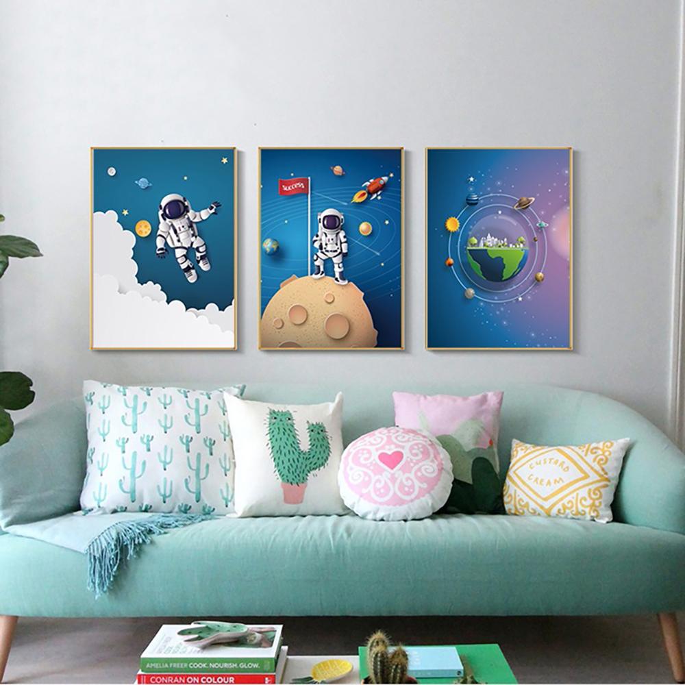 Outer Space Astronaut Cartoon Picture Poster Canvas Painting Kids Room Prints and Decoration Mural for Modern Home Decor No Frame