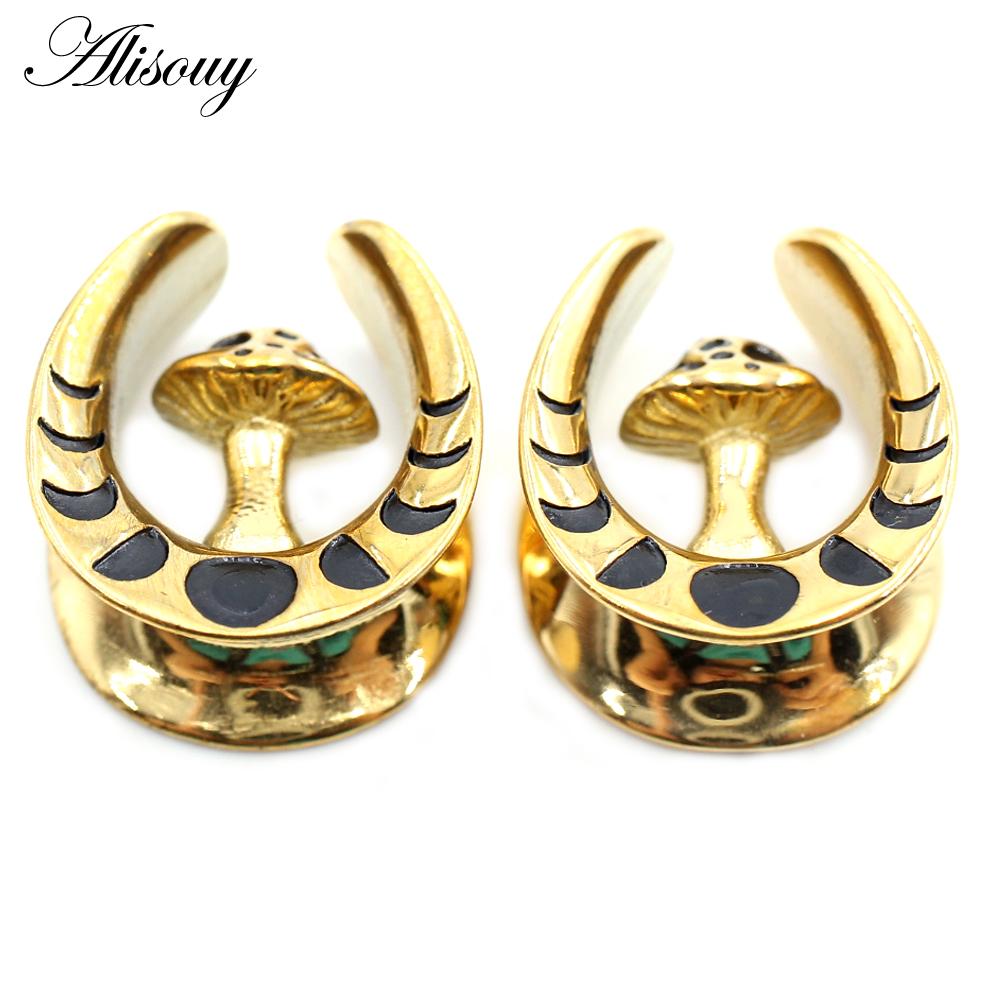 Alisouy 2PCS Stainless Steel U-shaped Mushroom Saddle Ear Tunnels Plugs Expander Stretcher Gauges Earrings Piercing Body Jewelry
