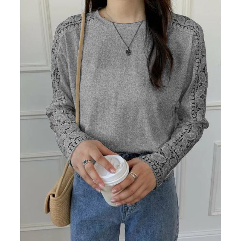 Хорошее качество осень зима японский корейский однотонный кружевной пуловер круглый вырез свободная футболка с длинными рукавами для женщин