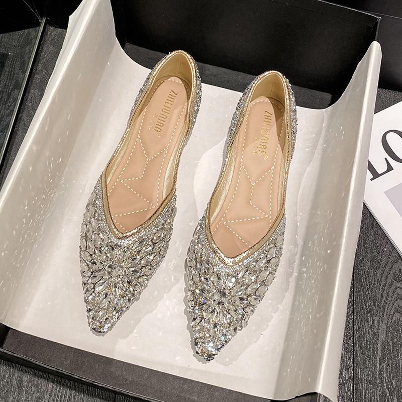 Spring New Pearl Rhinestone Shallow Mouth Square Head Single Shoes Flat Bottom Temperament