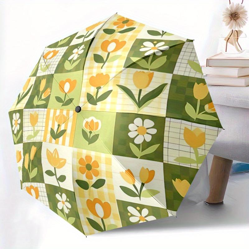 1 шт. Автоматический складной зонт-трость с цветочным пэчворком, Автоматическое открытие/закрытие, 8 ребер жесткости, Компактный 3-сложный зонт для мужчин и женщин, 72