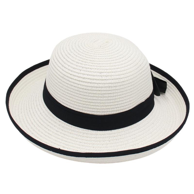 Ladies Black Ribbon Bow Curled Straw Hat Hepburn Style French Lady Spring and Summer Top Hat Hemming Craft Hat