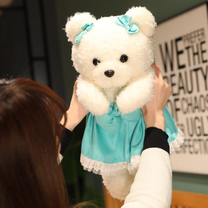 Kawaii Plush Curly Hair Teddy Bear Toys Charming Bear with Bow Suspender Dress Pillow Stuffed Soft Dolls Girls Gifts