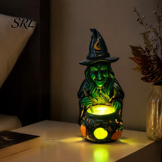 Scary Witch Cauldron Ornament Halloween Lamp Figurine, Resin Witches Lighted-Up Festival Party Table Decor Cauldron, Supplies Shelf Fireplace