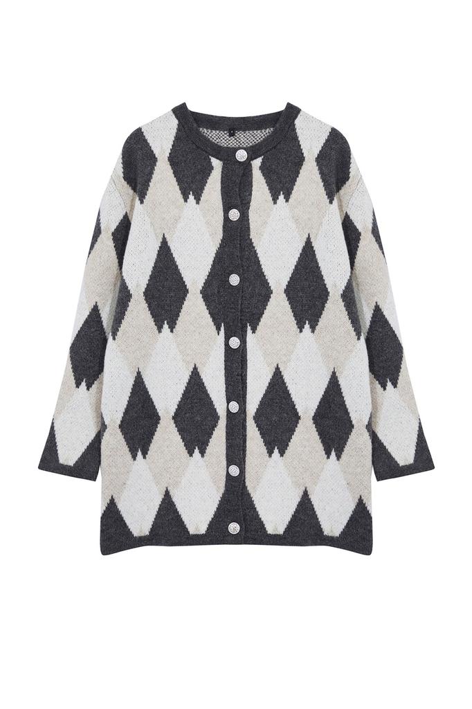 Women's Fashionable Stylish Hijab Cardigan Gray Diamond Patterned Knitwear Cardigan