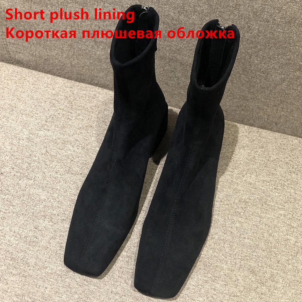 Autumn Winter Fashion Women Boots Square toe Yarn Elastic Ankle Boots Kid Suede Thick Heel Shoes Female Socks Boats Mujer