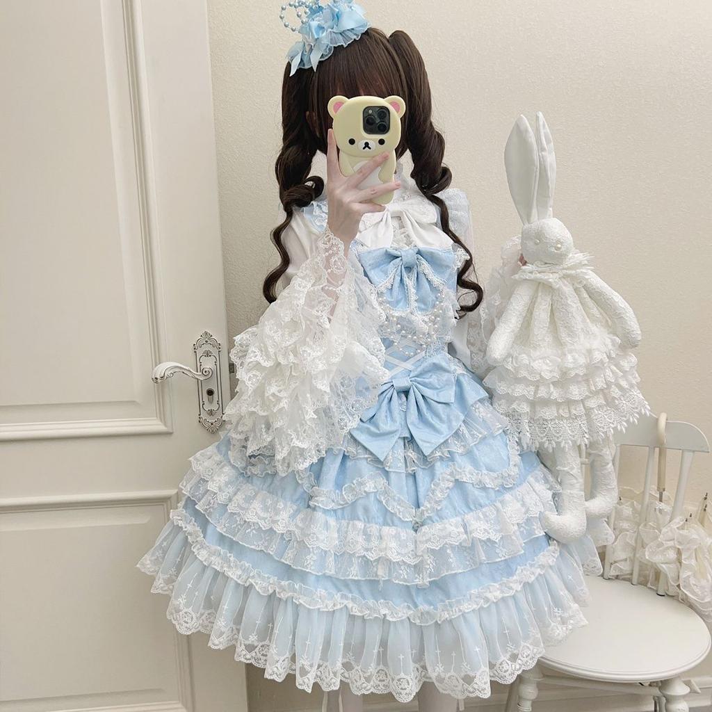 Victorian Sweet Lolita Jsk Dress Women Kawaii Cute Lace Ruffles Flower Wedding Bow Dress Japanese Vintage Elegant Princess Dress