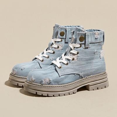 Модные осенние новые ботильоны из денима на массивном каблуке, женские модные ботильоны на шнуровке с металлическими пуговицами, удобные нескользящие ботинки на платформе