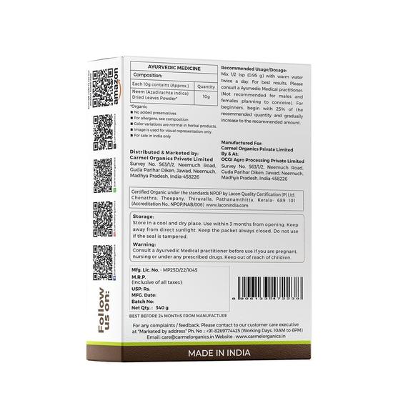 CARMEL ORGANICS Neem Leaves Powder (340 Grams)(Pack of 1) | Jaivik Bharat Certified | Azadirachta Indica | Vembu Powder/Veppa Powder