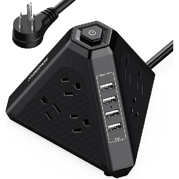 NVEESHOX Power Strip Tower Surge Protector-9 Multiple Outlets 4 USB Charging Ports,3-Side Triangle Outlet Extender Strip with 6.5Ft Long Extension