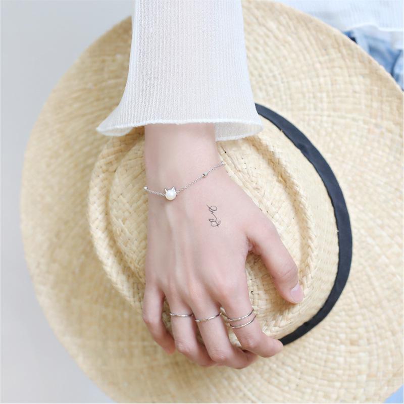 Sterling Silver S925 Silver Bracelet Korean Style Pearl Cat Ears Sweet and Cute Diamond Kitten Bracelet for Women Gift