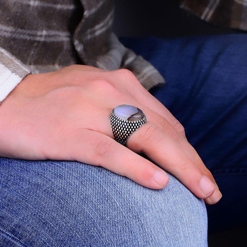 Мужское кольцо из стерлингового серебра 925 пробы с агатом, кольца простого дизайна для мужчин, идеальная идея подарка для мужчин