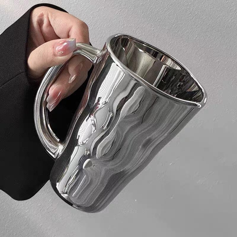 Creative Laser Silver Handle Mug, Unique Stylish Home Coffee Cup, High‑Aesthetic Water Cup for Milk & Beverage