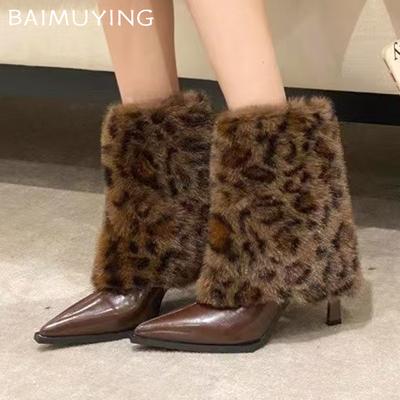 Леопардовый мех женские ботильоны с острым носком сексуальные туфли на высоком каблуке 2025 трендовые модные туфли-лодочки из кожи дизайнерские зимние ботинки De Mujer