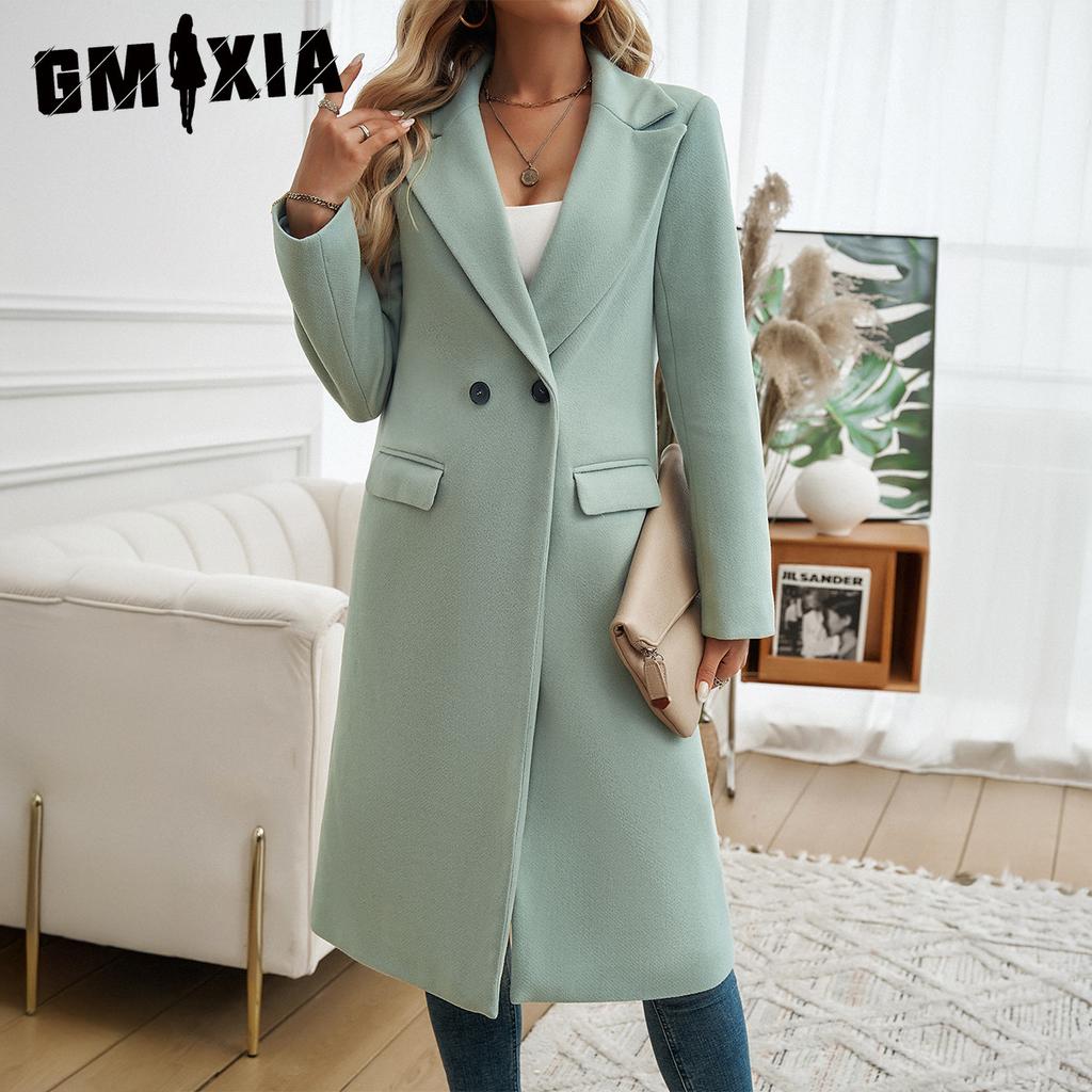 GMXIA Women's Vintage Casual Solid Color Print Autumn Winter Long Sleeve POLO Neck Jackets & Coats