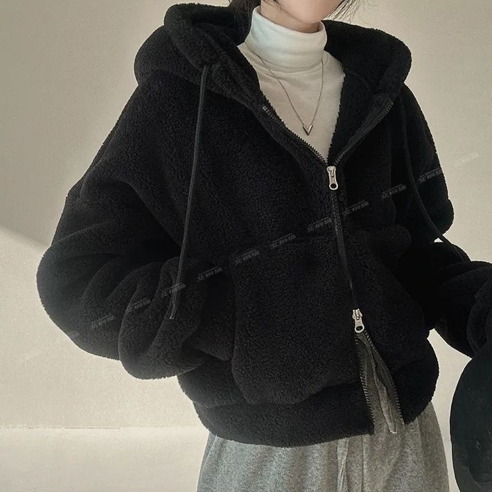 Lamb Coat Autumn Winter Plus Velvet New Sweatshirt Loose Cardigan Top Zipper Short