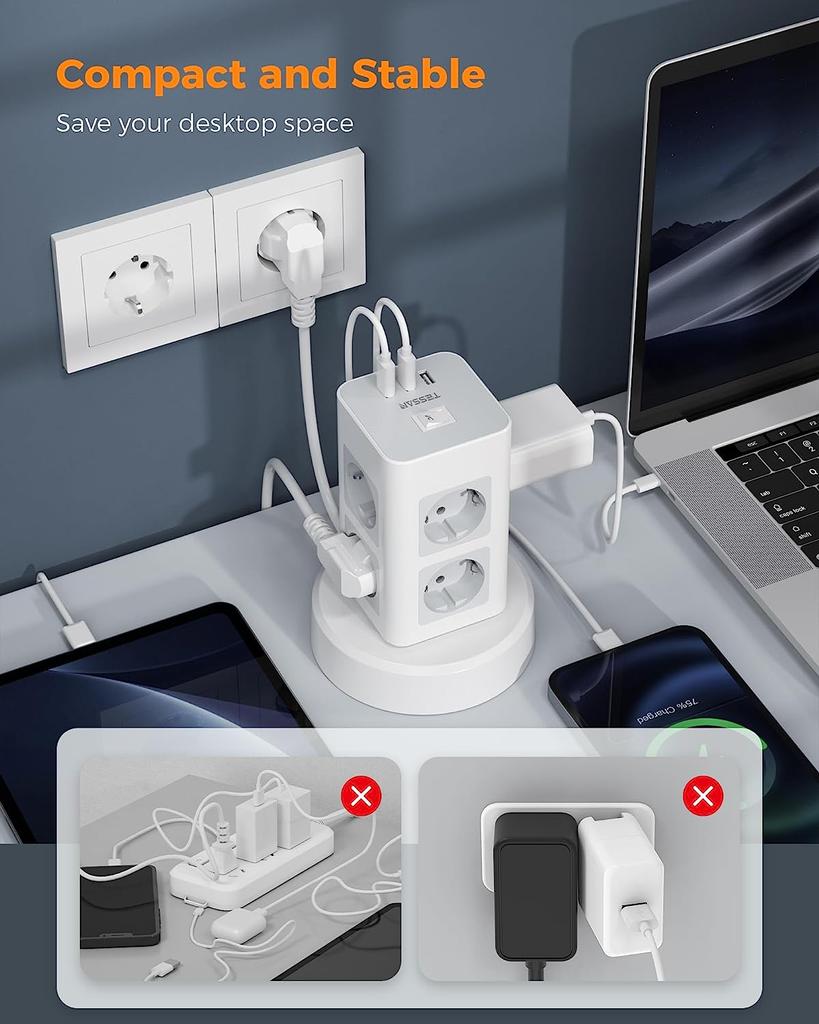 Tessan Вертикальные розетки с несколькими розетками в виде башни с USB, выдвижным удлинителем длиной 2 м, многоточечной электрической розеткой с вилкой EU KR