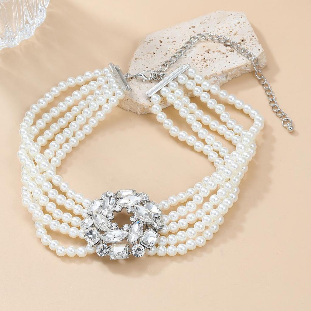 Multi-layer Imitation Pearl Necklace with Glass Diamond Flower - European & American Style Jewelry