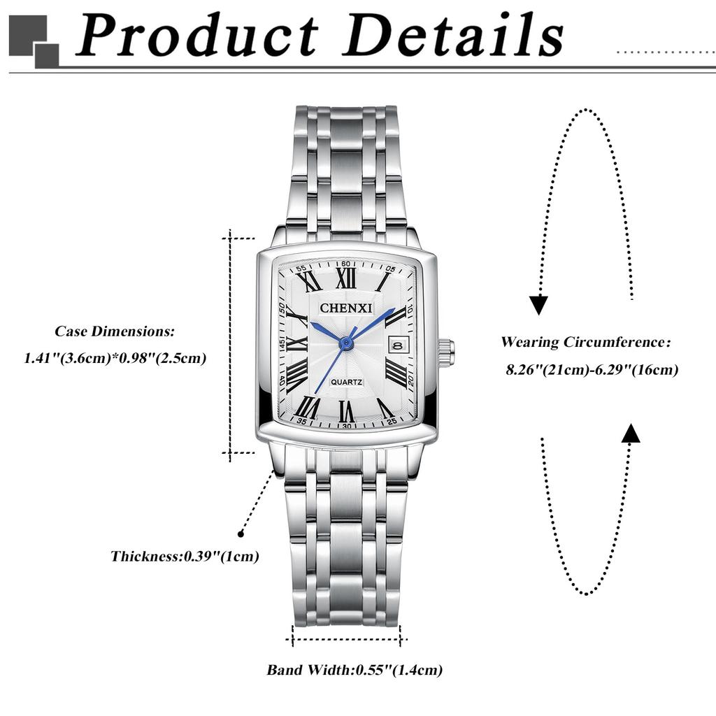 Stainless Steel Calendar Pair 3ATM Waterproof Roman Numerals Analog Display Square Simple Length Adjustable Quartz Couple Watch Silver Boyfriend