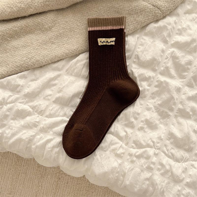 Женские осенне-зимние шерстяные носки до середины икры в мультяшную полоску без косточек, теплые длинные носки