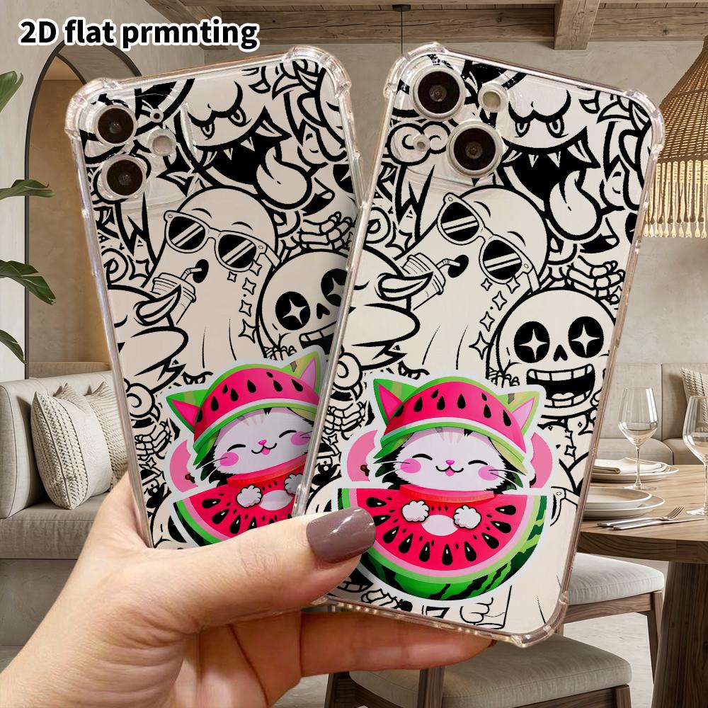 Phone case: 2D flat design, suitable for iPhone 18 17 16 15 14 13 Pro protective case, watermelon cat, perfect Christmas and Halloween holiday gift