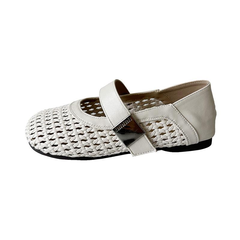 Summer New Round Head One-word Buckle Shallow Mouth Single Shoes Women's Flat Shoes Woven Hollow Mary Jane Hole Sandals