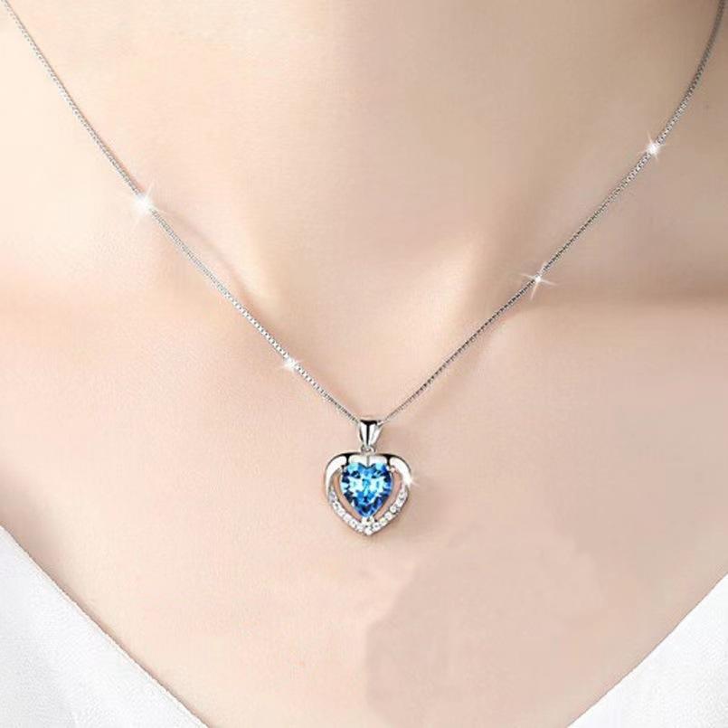 Sea Blue Heart Necklace for Women Korean Style Light Luxury Niche Heart Shaped White Copper Pendant Simple Temperament Collarbone Chain