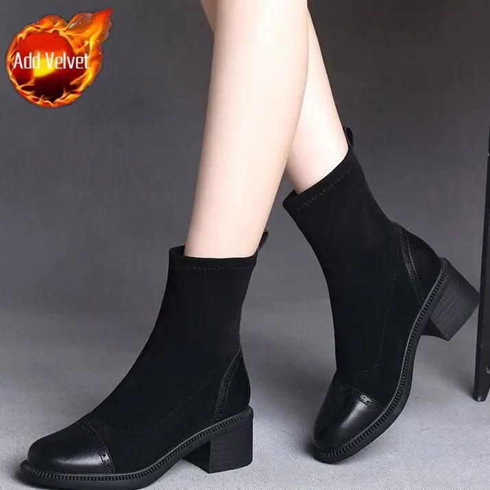 Fashion Round Toe Half High Boots for Women Black Warm 2025 New Trend Fashion Boot Chic and Elegant Gothic Luxury Mid Calf Shoes Woman