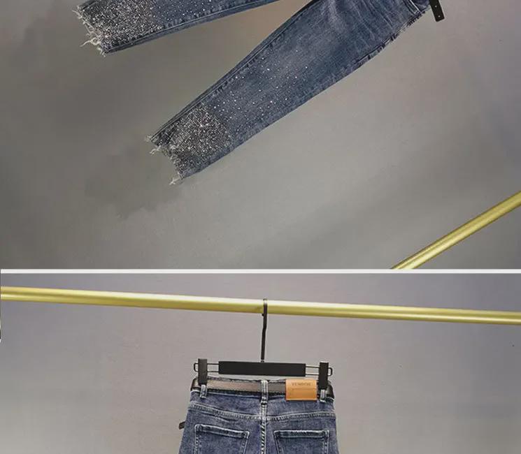 2024 Summer Women's Slim Fit High Waist Diamond-Embellished Cropped Denim Pants