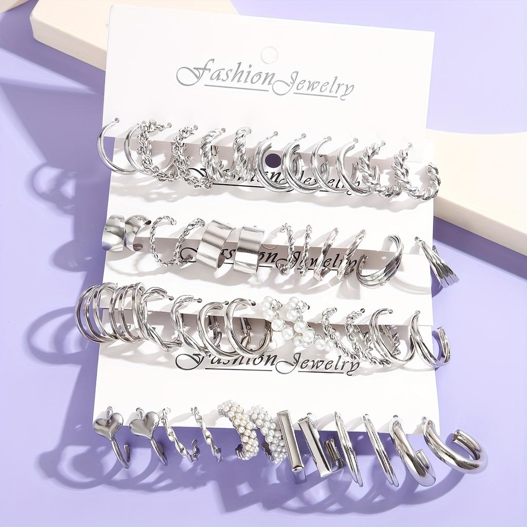 Подарочный набор из 24 пар модных ювелирных украшений, креативный простой геометрический комплект серег-колец с искусственным жемчугом, минималистичные серьги-гвоздики и серьги-кольца